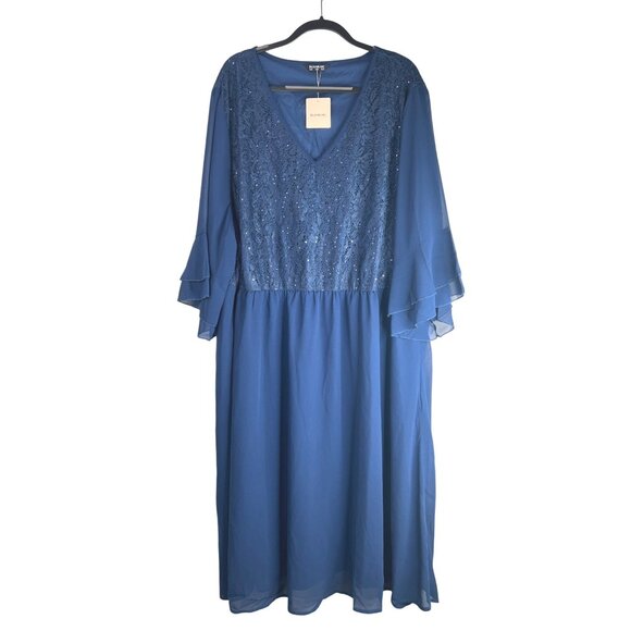 Bloomchic Plus Size 3X Blue Lace & Chiffon Maxi Dress With Flutter Sleeves - Picture 1 of 12